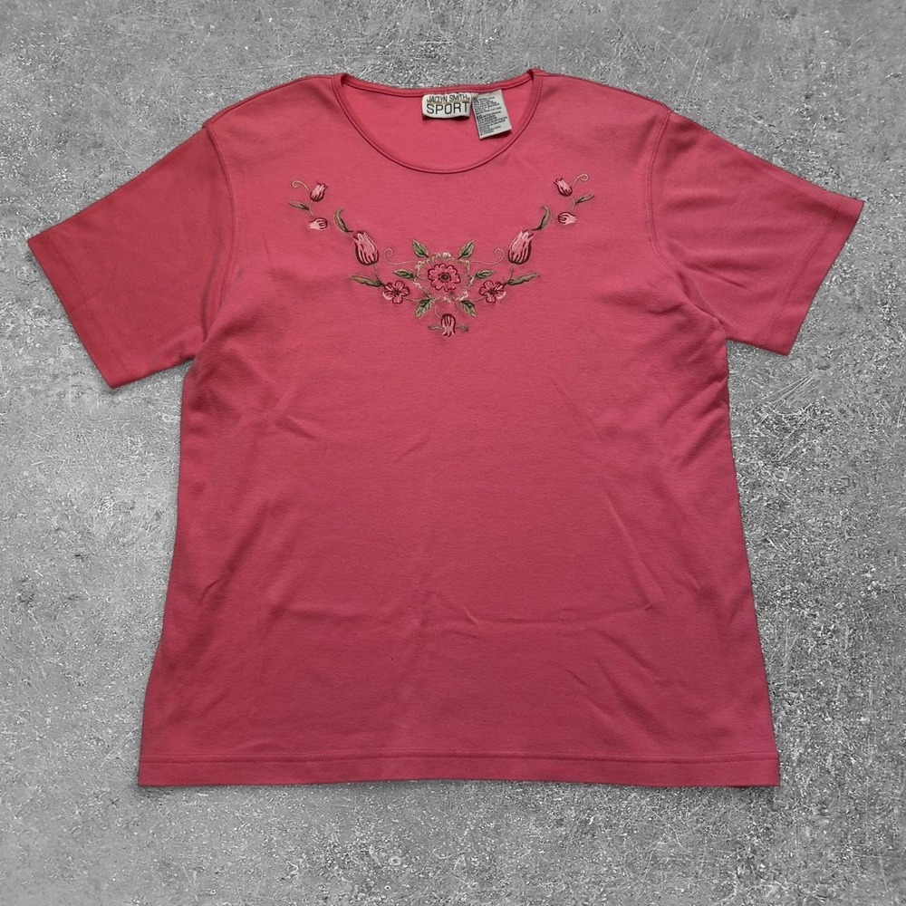 Jaclyn Smith Sport Pink Floral Embroidered T-Shirt Shoulder Pads XL